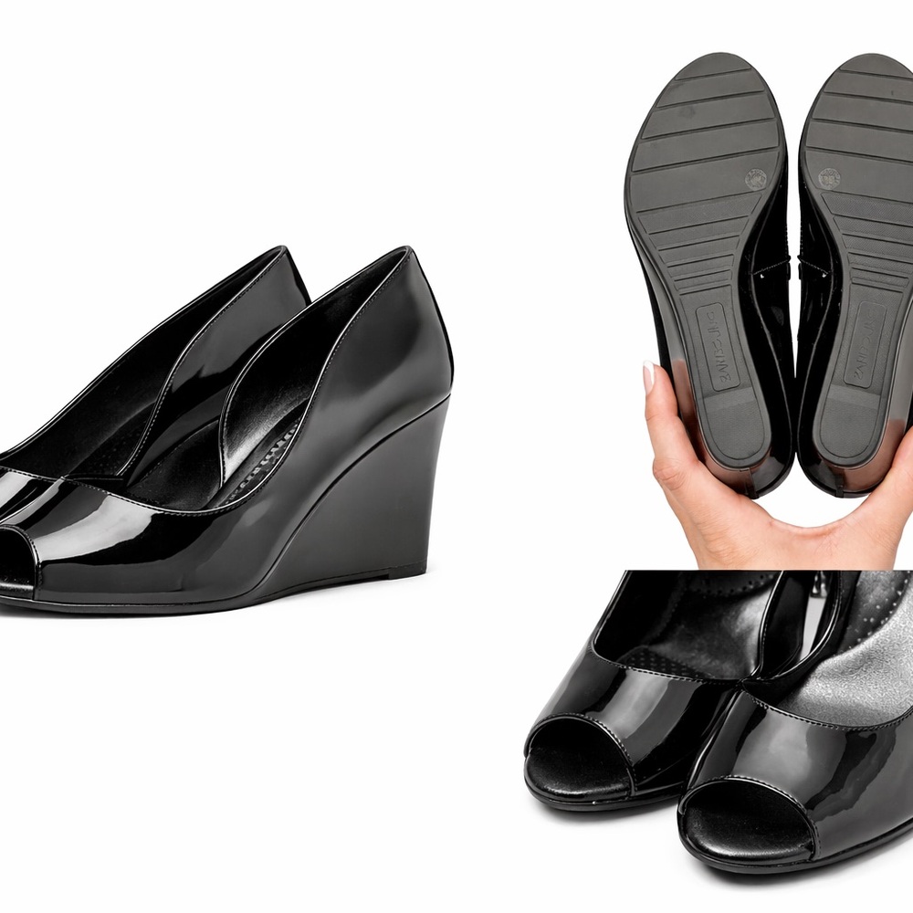 Bandolino Glossy Black Peep-Toe Wedges